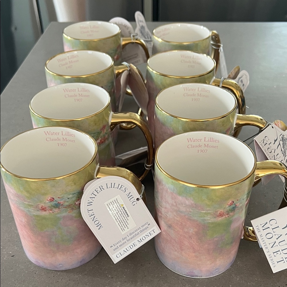 Claude Monet 'Water Lilies' Porcelain Mug - Pastel Pink & Green with Gold Trim